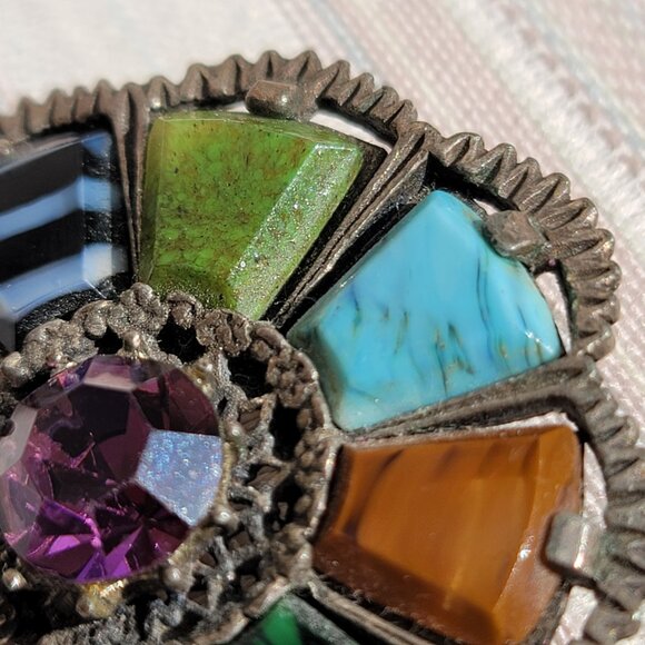 Vintage Miracle Signed Celtic Irish Scottish Faux Stones Fan Shaped Brooch Pin - Picture 13 of 15